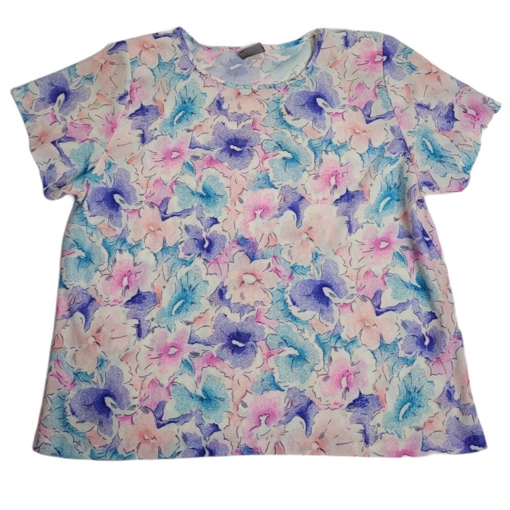 VINTAGE 80s/90s blouse floral short sleeve boxy padded‎ shoulder top L